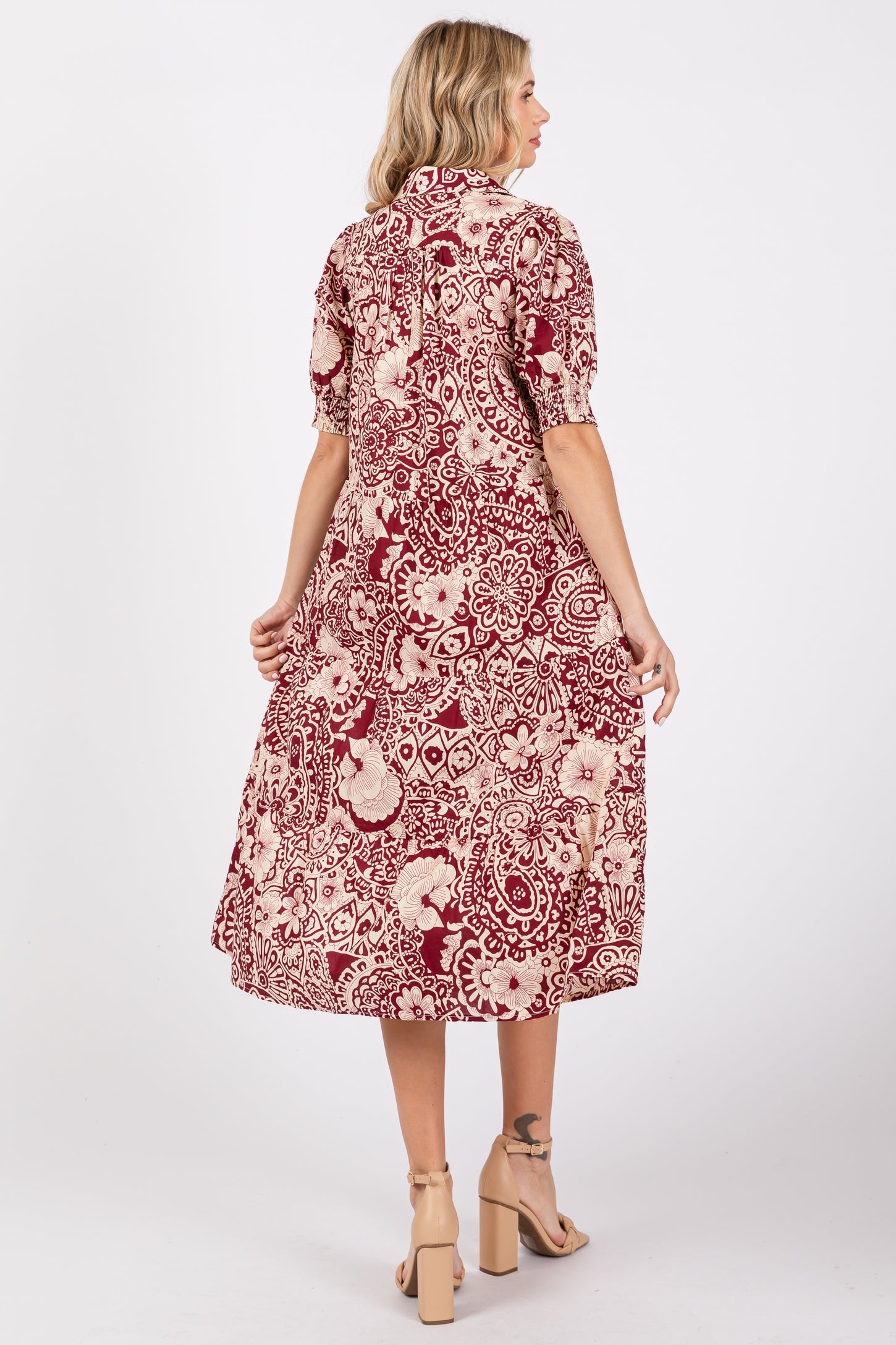 woman wearing a maroon floral print midi dress with short sleeves and a collar, shown from the back