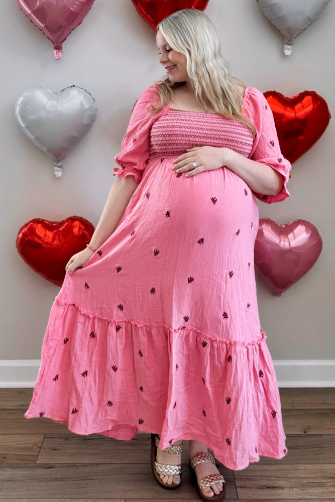 Mauve Contrast Stitch Smocked Ruffle Strap Maternity Midi Dress