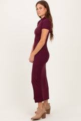 Burgundy Mock Neck Front Slit Short Sleeve Maxi Dress