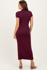 Burgundy Mock Neck Front Slit Short Sleeve Maxi Dress