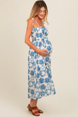 Cream Floral Smocked Maternity Midi Dress