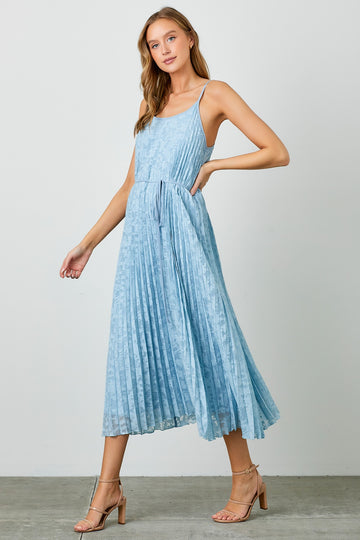 Light Blue Floral Pleated Maxi Dress