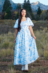 Blue Floral Puff Sleeve Midi Dress