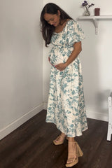 Teal Floral Puff Sleeve Maternity Midi Dress