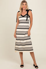Cream Striped Shoulder Tie Side Slit Midi Dress