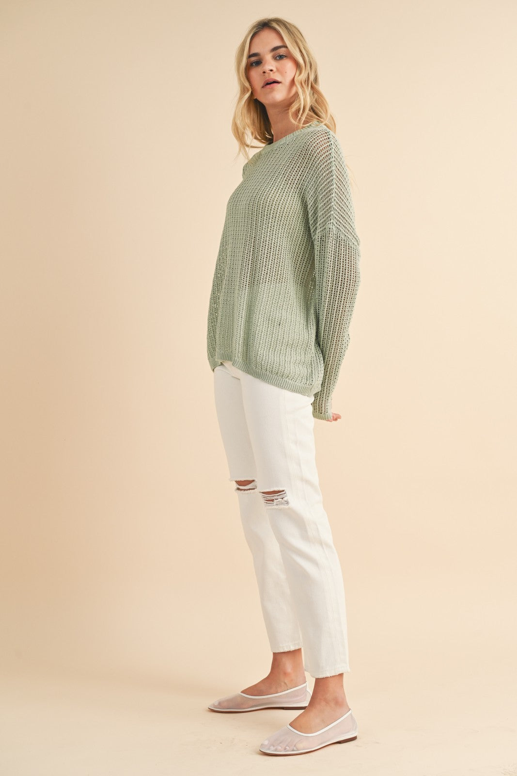 Light Olive Open-Knit Sweater
