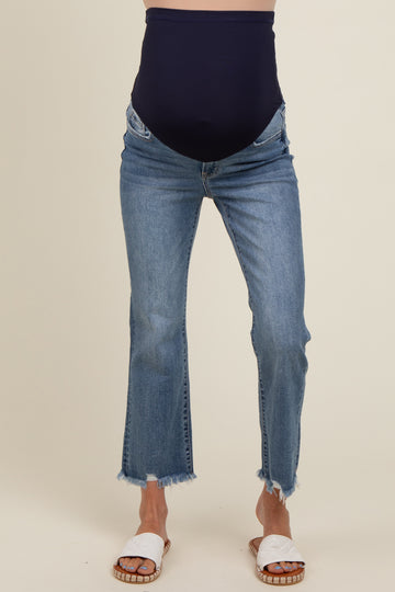 Blue Fringe Hem Crop Flare Maternity Jeans