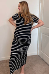 Black Striped Collared Side Slit Maternity Maxi Dress
