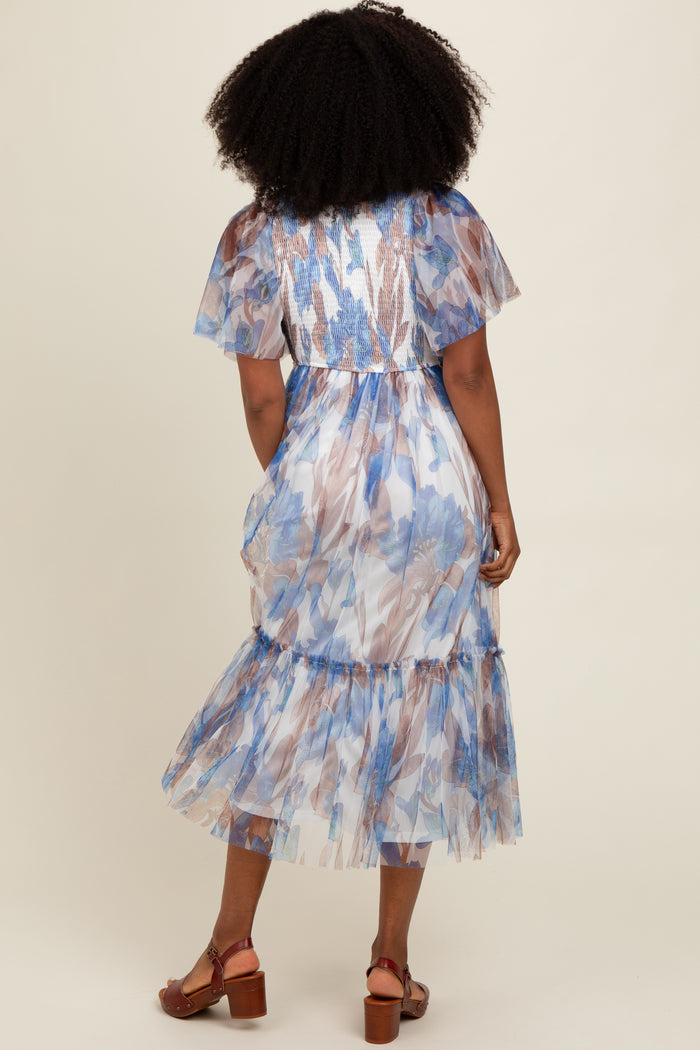 White Leaf Print Mesh Smocked Midi Dress