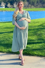 Light Olive Pleated V Neck Maternity Maxi Dress