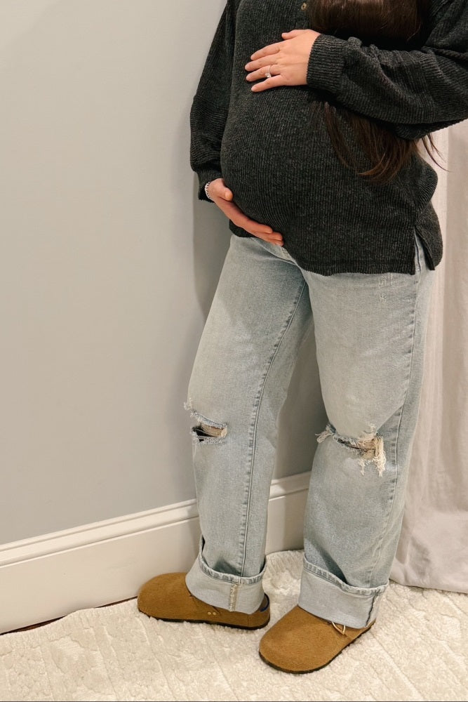 Light Blue Open Knee Relaxed Straight Leg Maternity Jeans