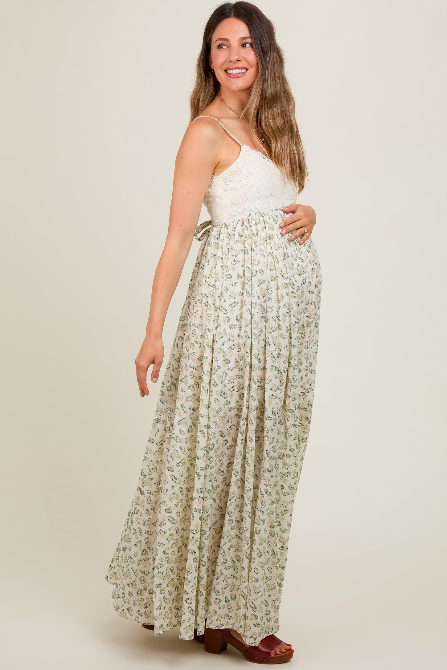 Green Floral Lace Contrast Maternity Maxi Dress