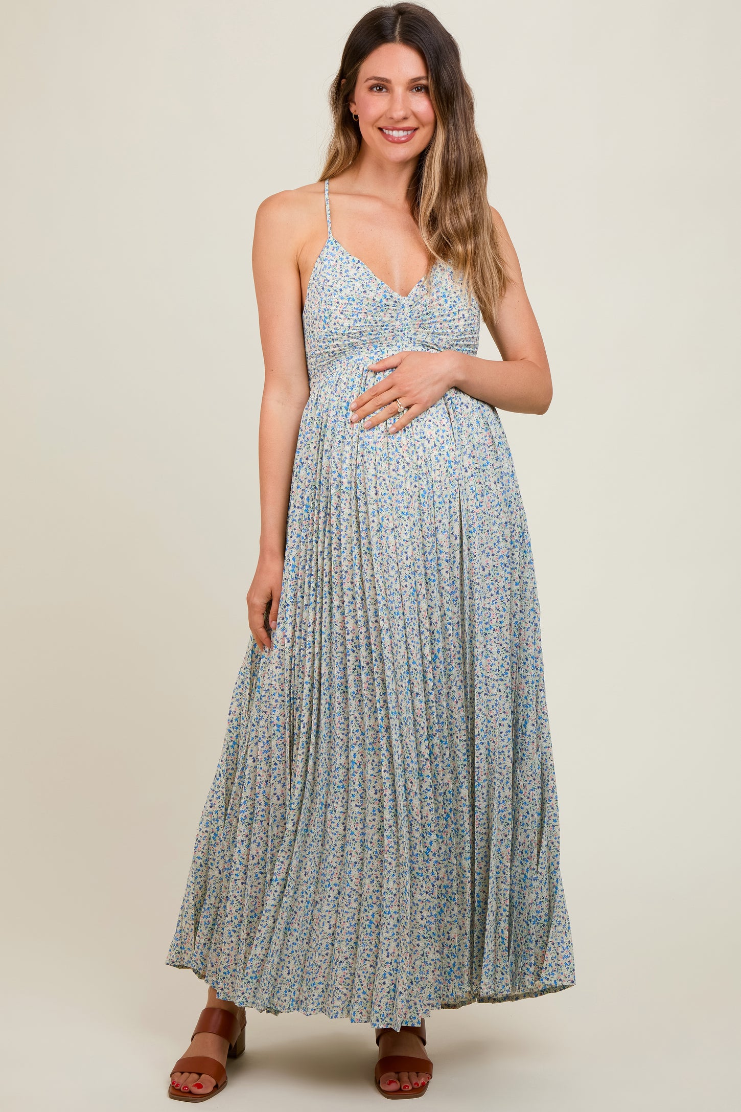 Blue Floral Pleated Cutout Back Maternity Maxi Dress