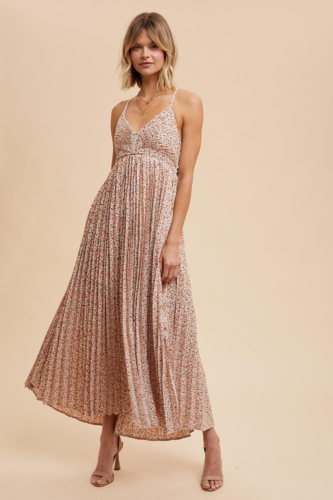 Coral Floral Pleated Cutout Back Maxi Dress