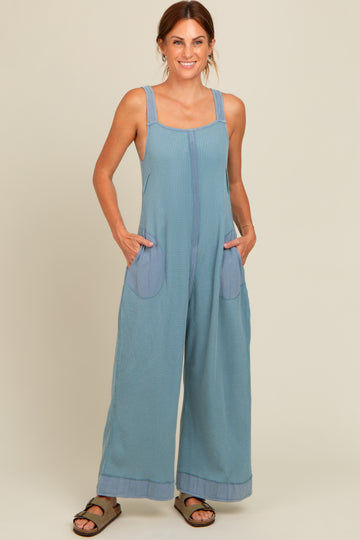 Blue Waffle Knit Wide Leg Jumpsuit