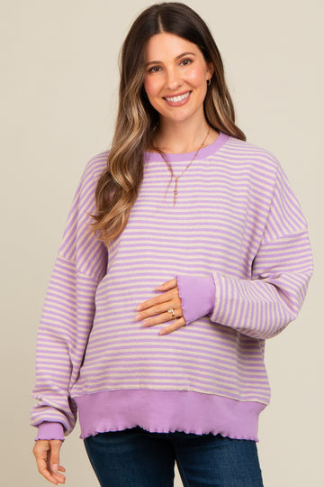 Lavender Striped Ruffle Hem Maternity Long Sleeve Top