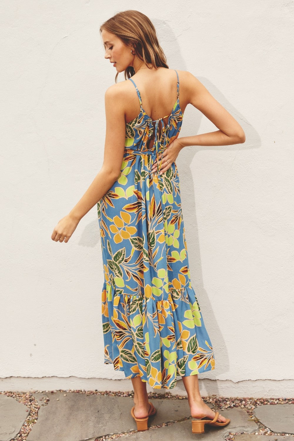 Blue Floral Open Back Midi Dress