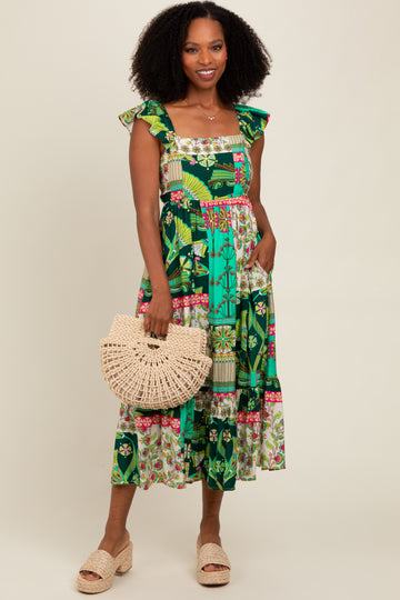 Green Patchwork Print Midi Dress