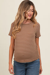 Brown Striped Short Sleeve Maternity Top