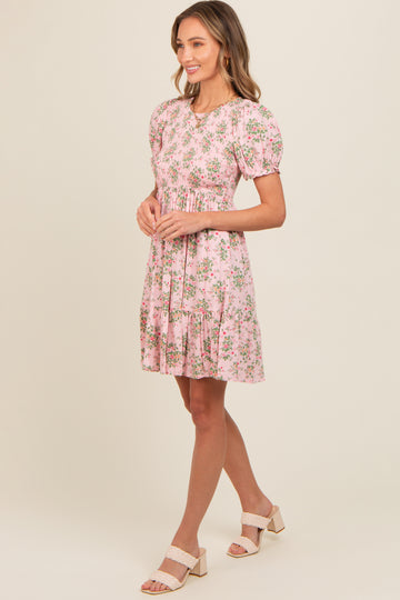 Light Pink Floral Smocked Puff Sleeve Dress