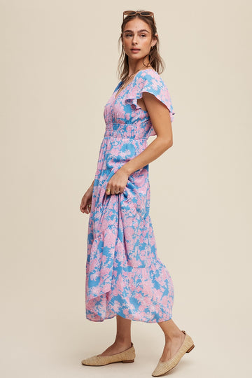 Blue Floral Print V-Neck Ruffle Sleeve Maxi Dress