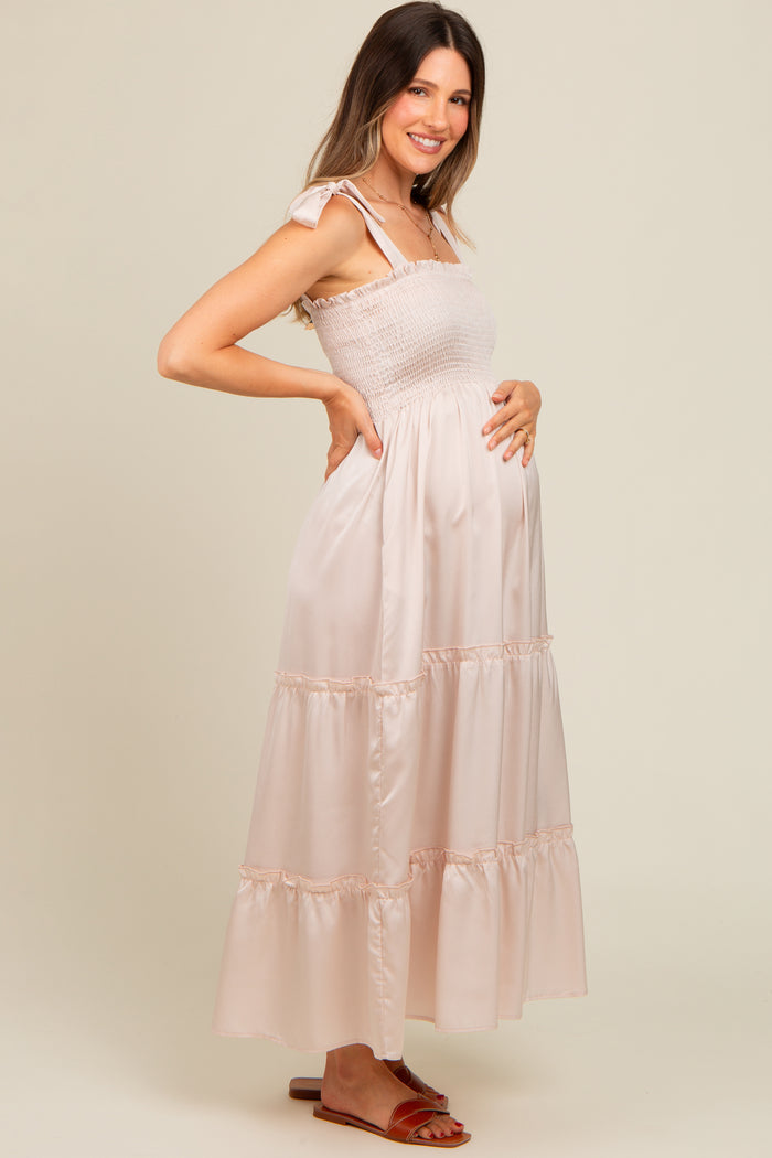 Beige Satin Smocked Maternity Maxi Dress