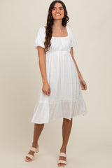 White Heart Embroidered Short Puff Sleeve Midi Dress