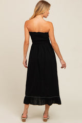 Black Smocked Strapless Midi Dress