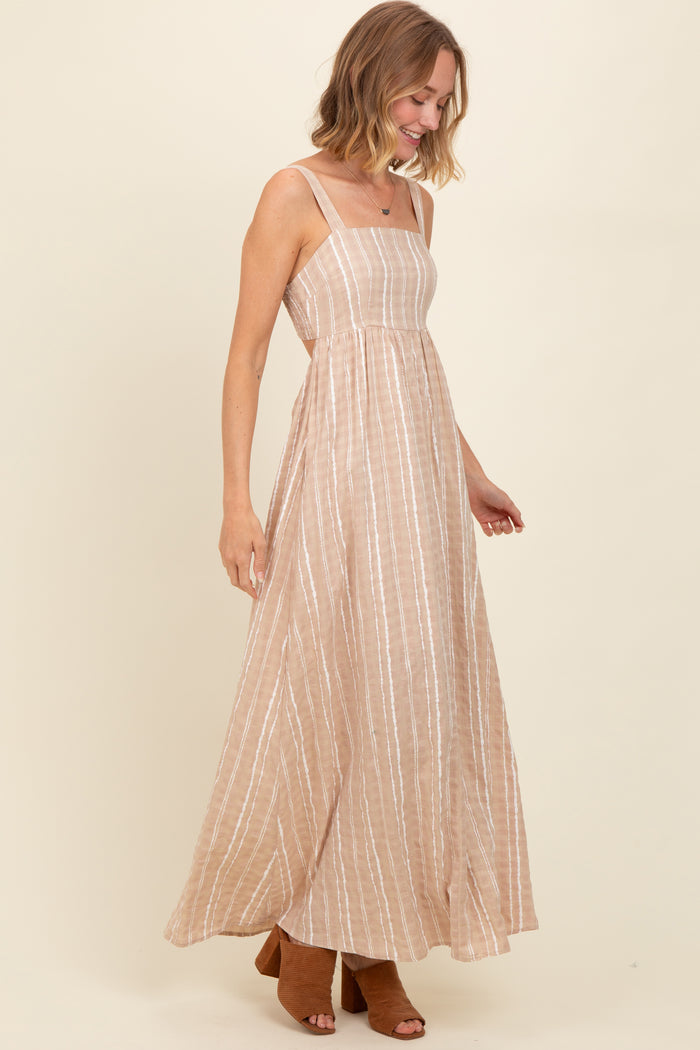 Beige Striped Back Cut Out Maxi Dress