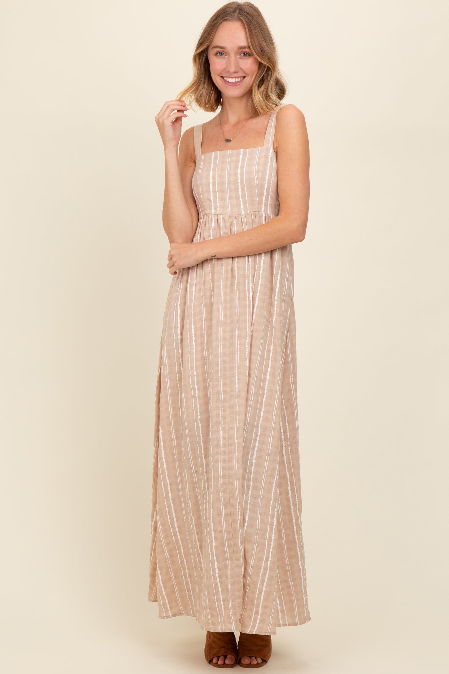 Beige Striped Back Cut Out Maternity Maxi Dress