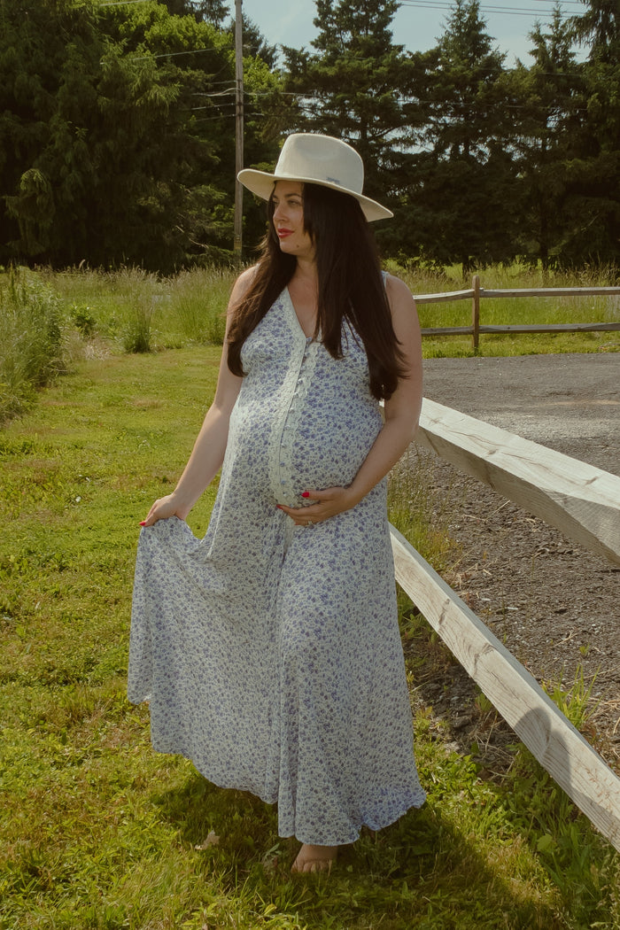 Periwinkle Floral Crochet Trim Button Down Maternity Maxi Dress