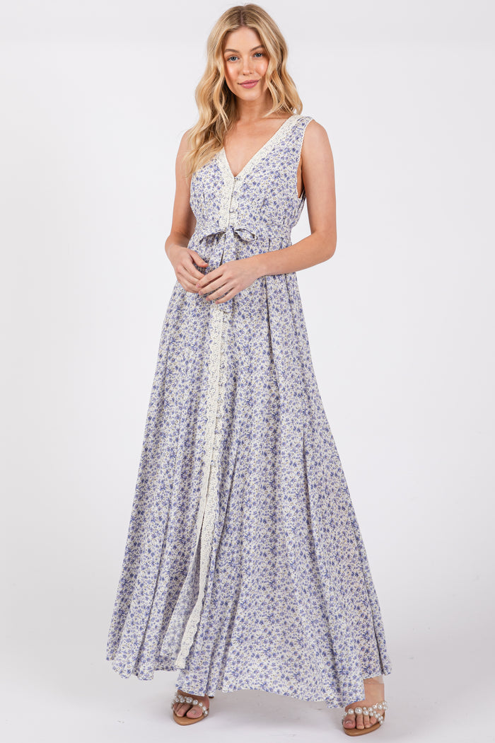 Periwinkle Floral Crochet Trim Button Down Maternity Maxi Dress