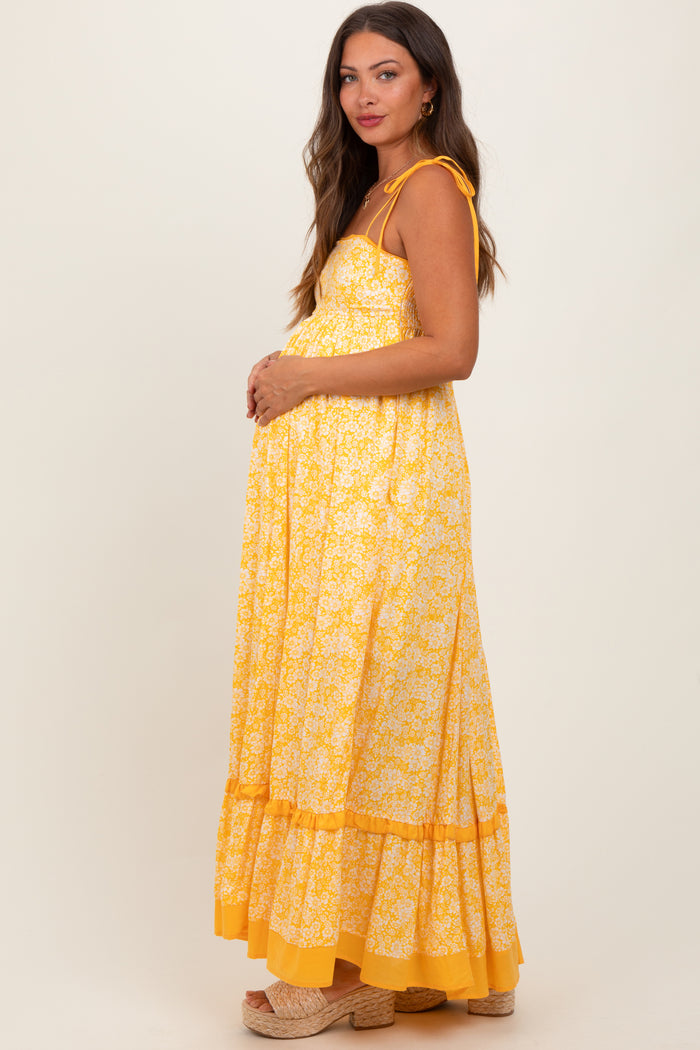 Yellow Floral Shoulder Tie Maternity Maxi Dress