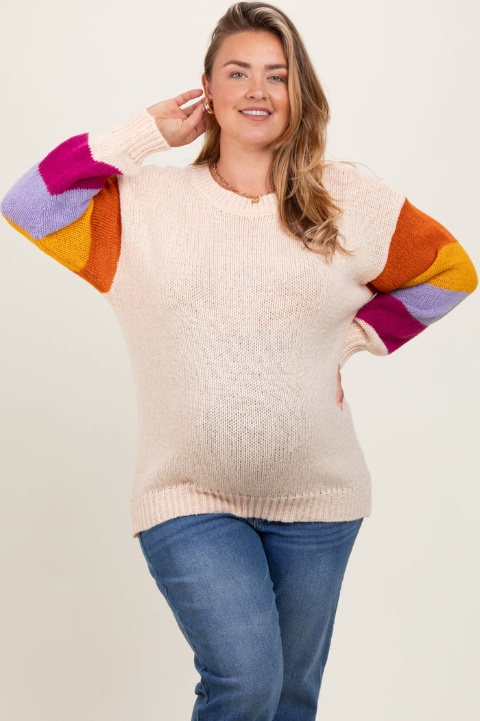 Cream Colorblock Sleeve Maternity Plus Sweater
