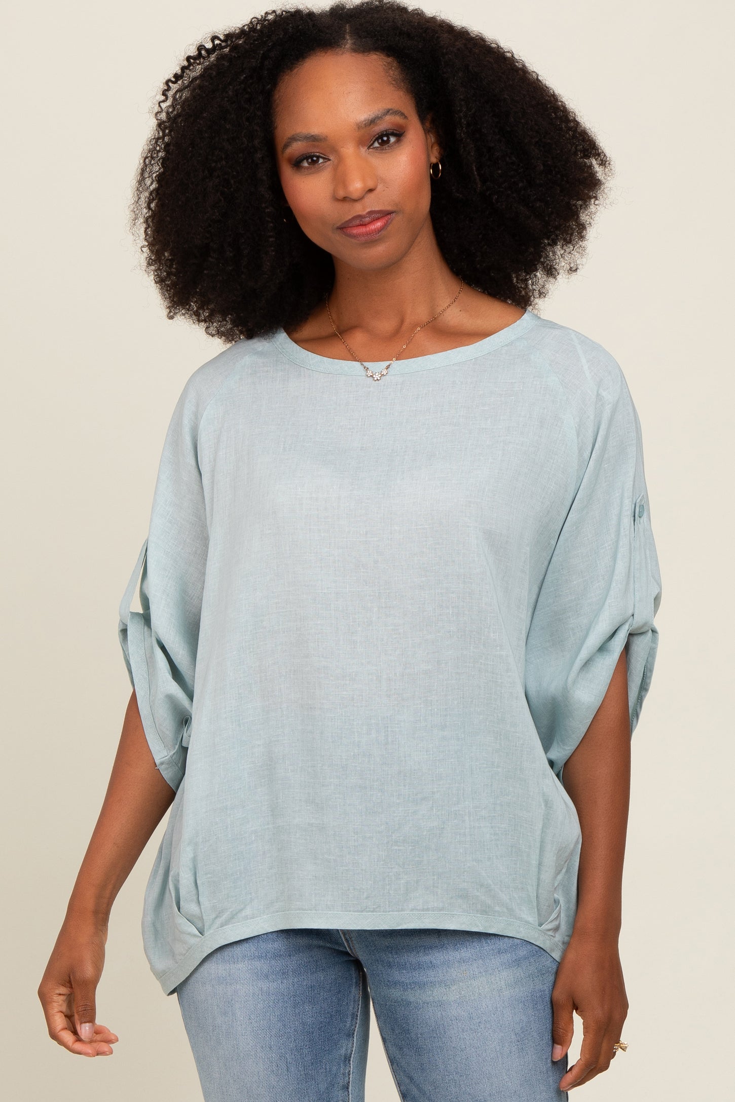 Light Blue Rolled Cuff Short Sleeve Top