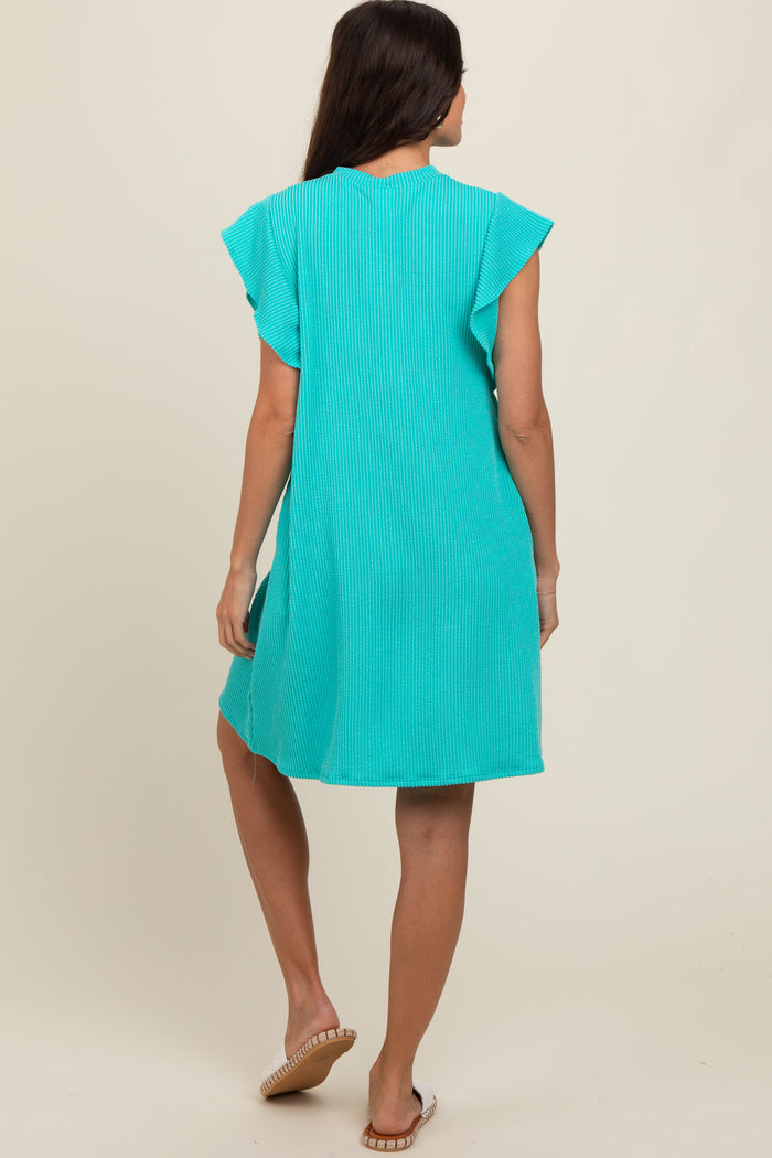 Turquoise Ribbed Ruffle Sleeve Dress