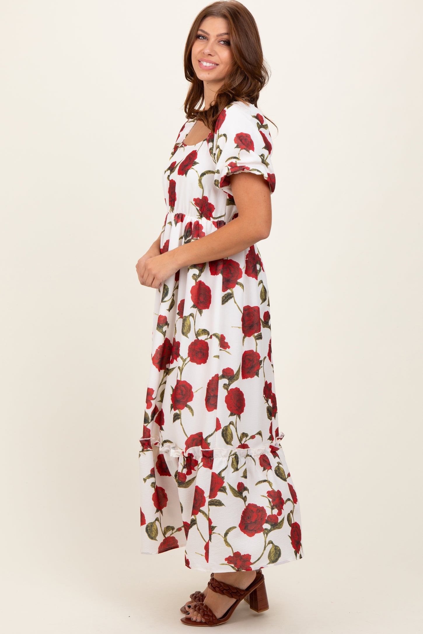 Cream Floral Square Neck Short Puff Sleeve Midi Dress