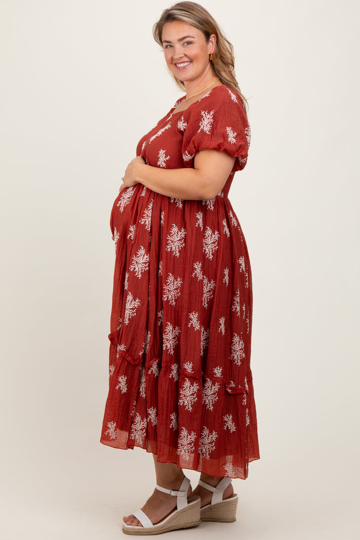 Rust Floral Print Ruffle Hem Maternity Plus Midi Dress