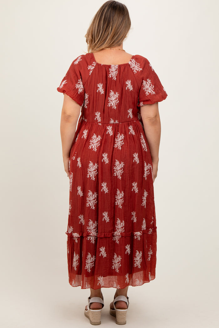 Rust Floral Print Ruffle Hem Maternity Plus Midi Dress