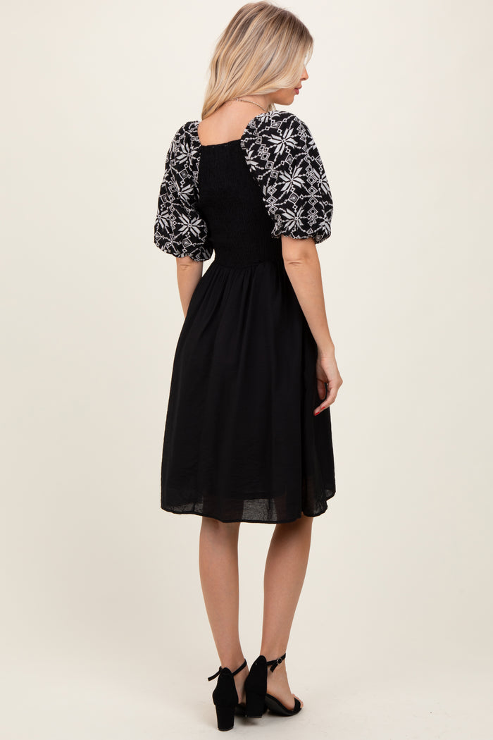 Black Embroidered Puff Short Sleeve Square Neck Dress