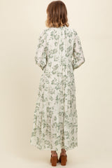 Olive Floral Button Front Tiered Long Sleeve Maxi Dress