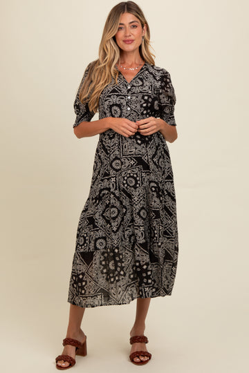 Black Paisley Button Front V-Neck Tiered Maternity Midi Dress