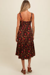 Brown Floral Sweetheart Neck Button Down Maternity Midi Dress