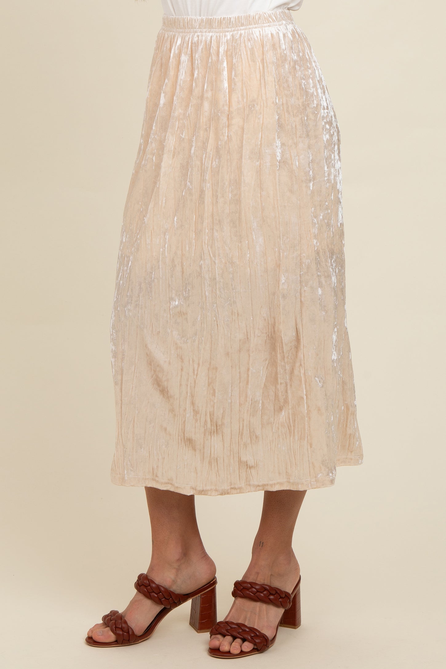 Ivory Velvet Crinkled Midi Skirt