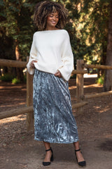 Blue Velvet Crinkled Maternity Midi Skirt
