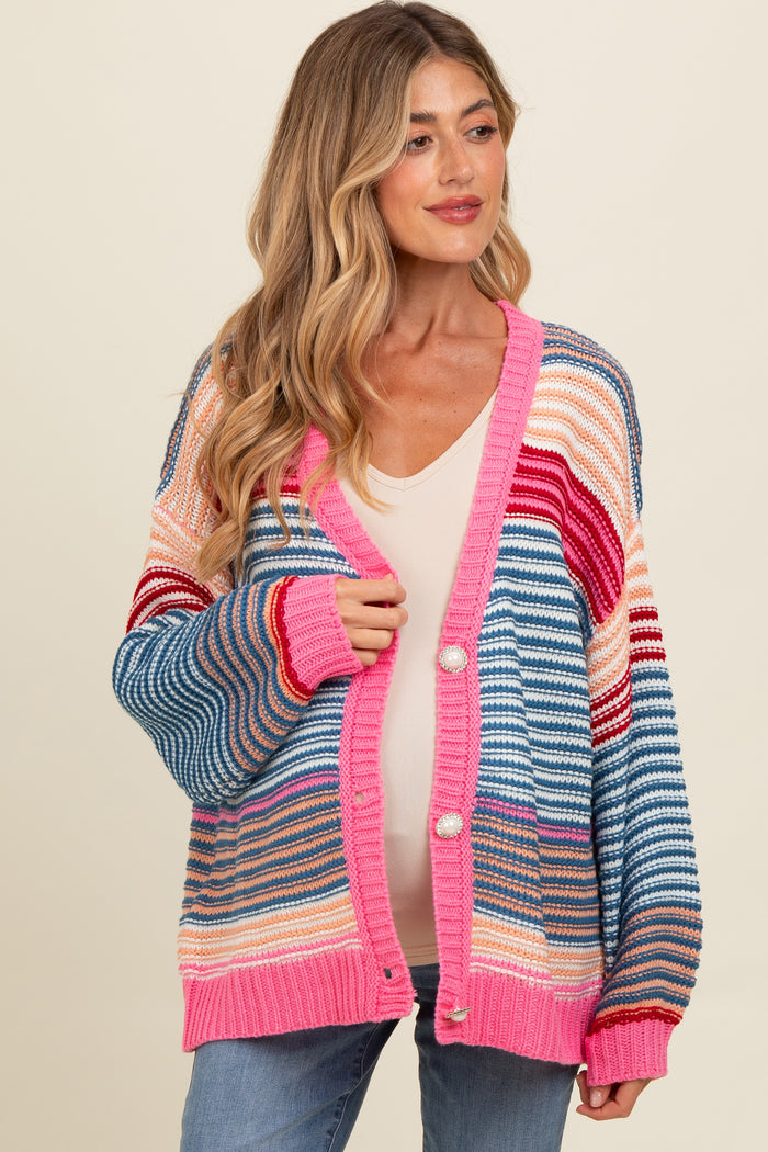 Pink Multi Striped Maternity Sweater Cardigan