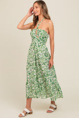 Green Leaf Print Halter Keyhole Midi Dress