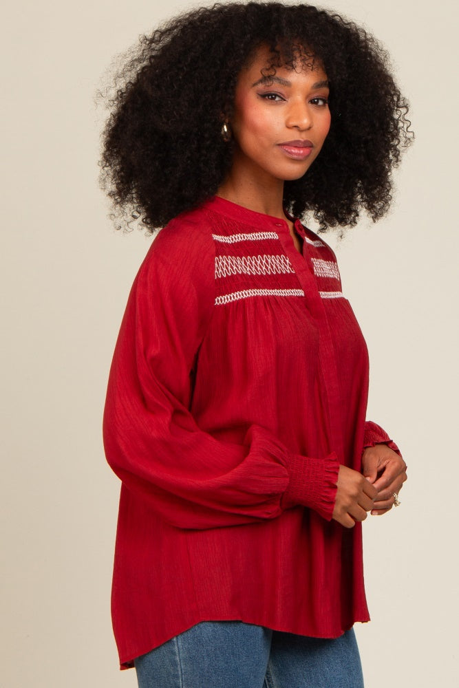 Rust Embroidered Smocked Blouse