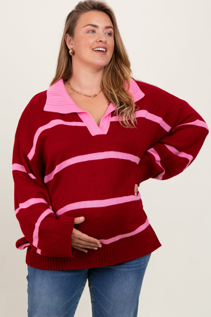 Red Striped Collared Maternity Plus Sweater