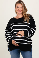 Black Striped Side Slit Maternity Plus Sweater